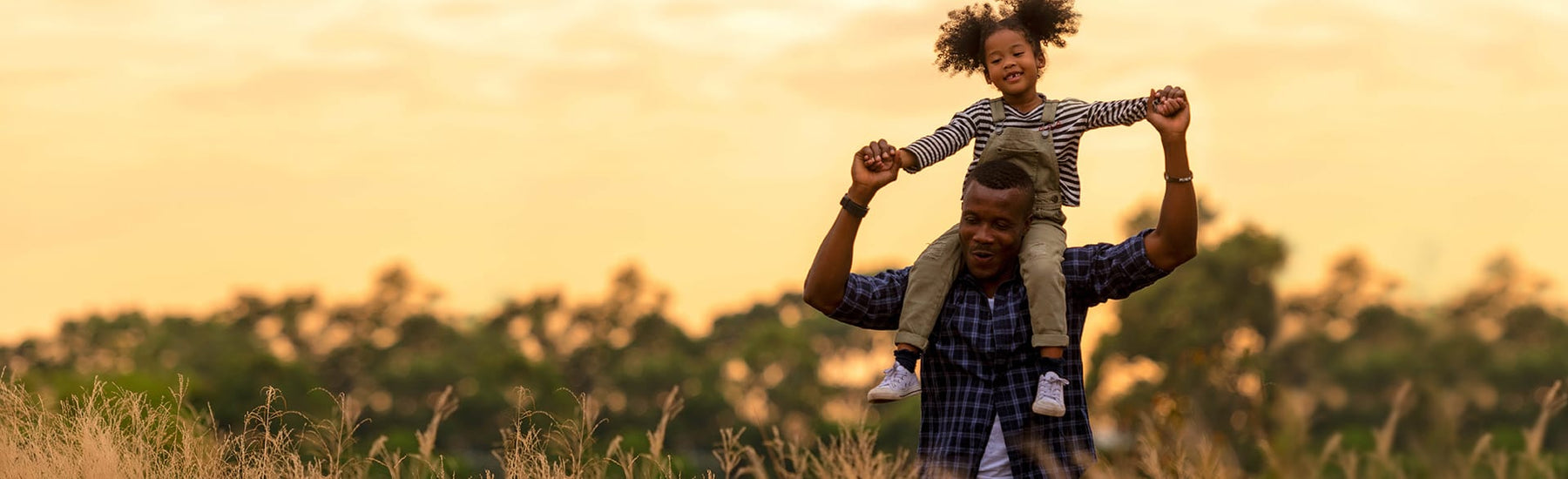 Picture of a father carrying her daughter on his shoulder 