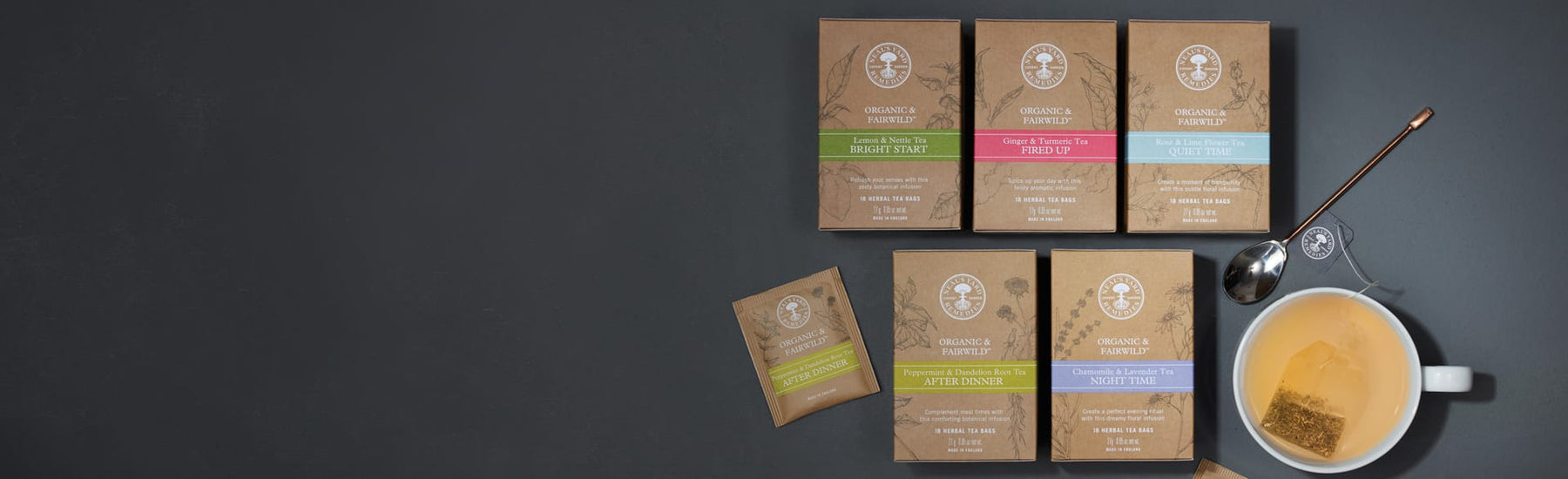 Picture of the full range of Organic and natural teas by Neal's Yard Remedies