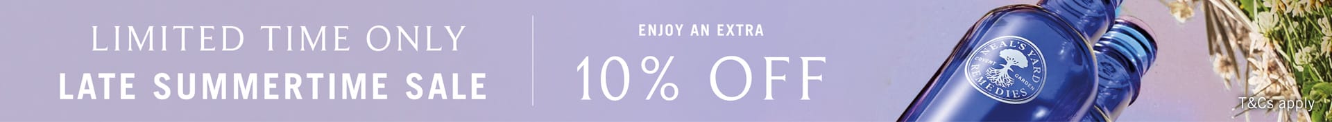 Promotional banner with a blue bottle on the right and text reading 'LIMITED TIME ONLY LATE SUMMERTIME SALE' and 'ENJOY AN EXTRA 10% OFF' on the left.