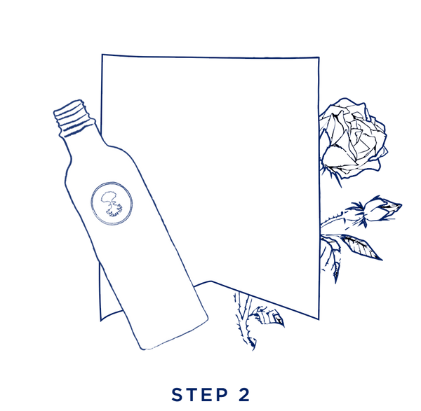 Illustration of a ribbon and one of our blue bottles, step 2 of our sign up to our World of Wellbeing Loyalty program | Neal's Yard Remedies