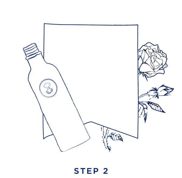 Illustration of a ribbon and one of our blue bottles, step 2 of our sign up to our World of Wellbeing Loyalty program | Neal's Yard Remedies