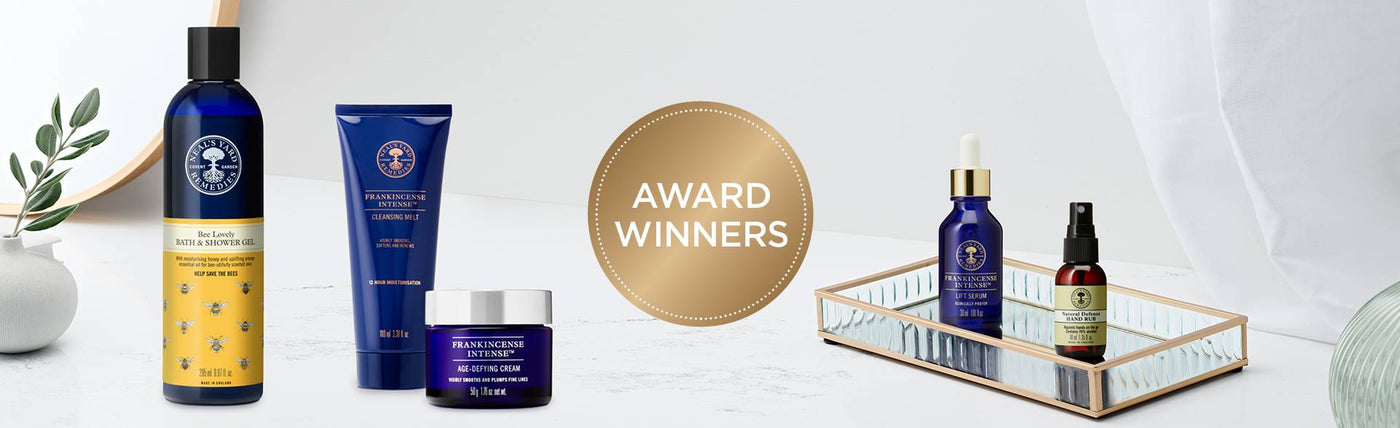 Picture of five award winning products by Neal's Yard Remedies